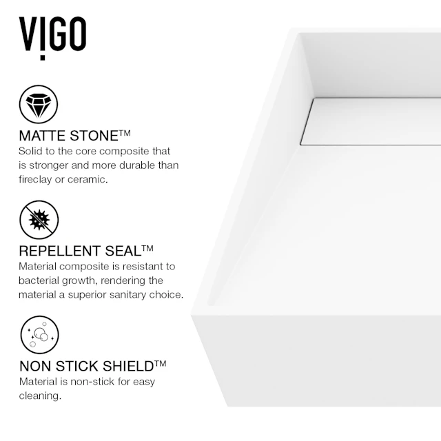 Matte Stone Starr Composite Rectangular Vessel Bathroom Sink in White with Amada Faucet and Drain - image 5 - other