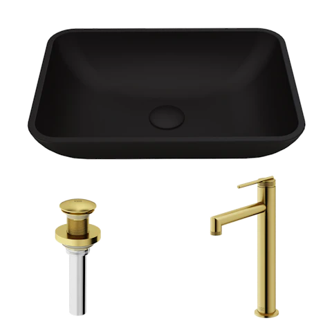 Matte Shell Sottile Glass Rectangular Vessel Bathroom Sink in Black with Sterling Faucet and Pop-Up Drain in Matte Gold - image 1 - other