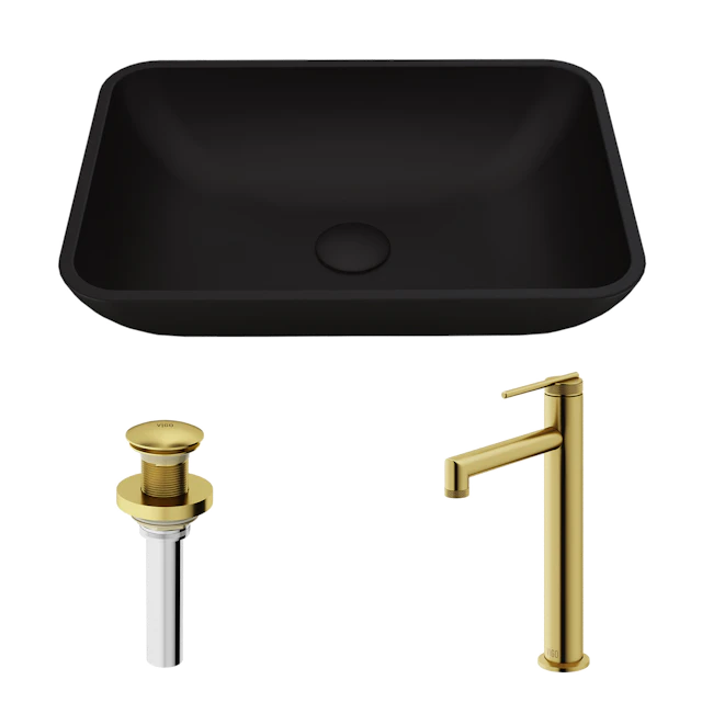 Matte Shell Sottile Glass Rectangular Vessel Bathroom Sink in Black with Sterling Faucet and Pop-Up Drain in Matte Gold - image 1 - other