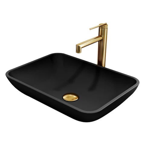 Matte Shell Sottile Glass Rectangular Vessel Bathroom Sink in Black with Sterling Faucet and Pop-Up Drain in Matte Gold - image 14 - other