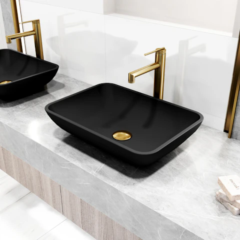 Matte Shell Sottile Glass Rectangular Vessel Bathroom Sink in Black with Sterling Faucet and Pop-Up Drain in Matte Gold - image 3 - other