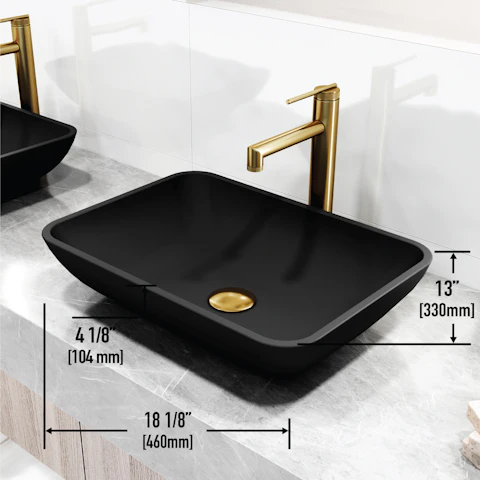 Matte Shell Sottile Glass Rectangular Vessel Bathroom Sink in Black with Sterling Faucet and Pop-Up Drain in Matte Gold - image 4 - other