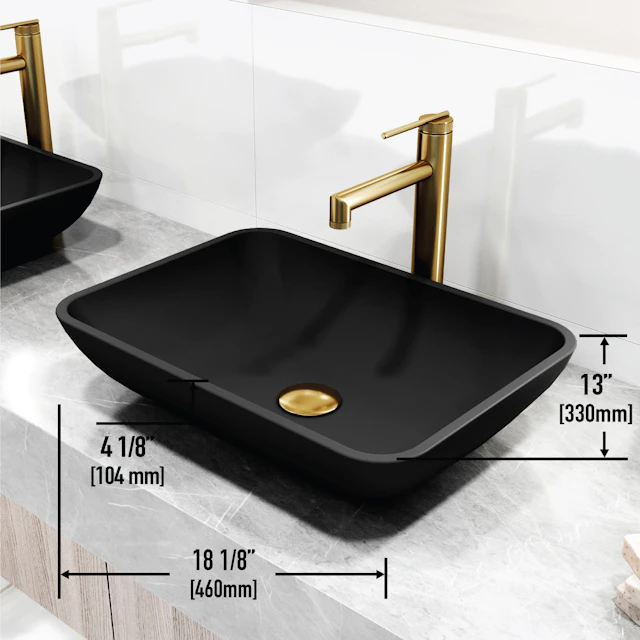 Matte Shell Sottile Glass Rectangular Vessel Bathroom Sink in Black with Sterling Faucet and Pop-Up Drain in Matte Gold - image 4 - other