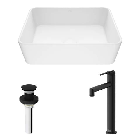 Matte Stone Marigold Composite Rectangular Vessel Bathroom Sink in White with Faucet and Pop-Up Drain - image 1 - other
