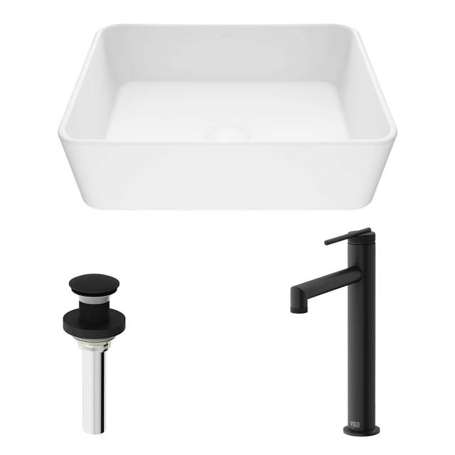 Matte Stone Marigold Composite Rectangular Vessel Bathroom Sink in White with Faucet and Pop-Up Drain - image 1 - other