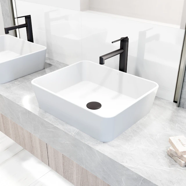 Matte Stone Marigold Composite Rectangular Vessel Bathroom Sink in White with Faucet and Pop-Up Drain - image 3 - other