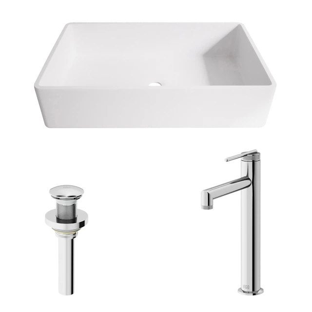 Matte Stone Magnolia Composite Rectangular Vessel Bathroom Sink in White with Sterling Faucet and Pop-Up Drain - angle 1 - other