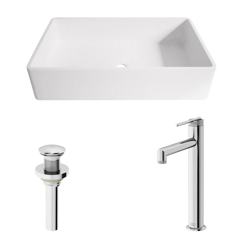 Matte Stone Magnolia Composite Rectangular Vessel Bathroom Sink in White with Sterling Faucet and Pop-Up Drain - image 1 - other