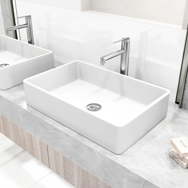 Matte Stone Magnolia Composite Rectangular Vessel Bathroom Sink in White with Sterling Faucet and Pop-Up Drain - angle 4 - other