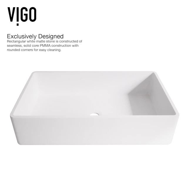 Matte Stone Magnolia Composite Rectangular Vessel Bathroom Sink in White with Sterling Faucet and Pop-Up Drain - angle 8 - other
