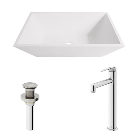 Matte Stone Vinca Composite Rectangular Vessel Bathroom Sink in White with Faucet and Pop-Up Drain - image 1 - other