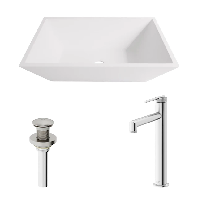 Matte Stone Vinca Composite Rectangular Vessel Bathroom Sink in White with Faucet and Pop-Up Drain - image 1 - other