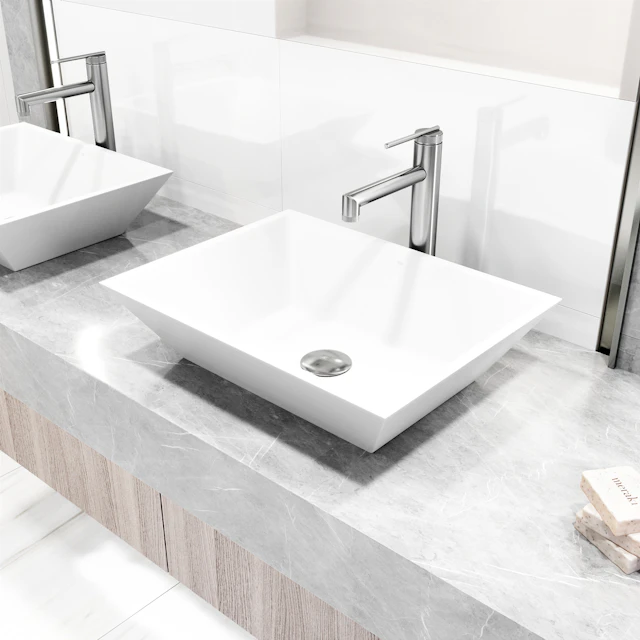 Matte Stone Vinca Composite Rectangular Vessel Bathroom Sink in White with Faucet and Pop-Up Drain - image 4 - other
