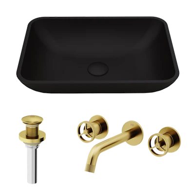 Matte Shell Sottile Glass Rectangular Vessel Bathroom Sink in Black with Wall-Mount Faucet and Drain in Matte Gold