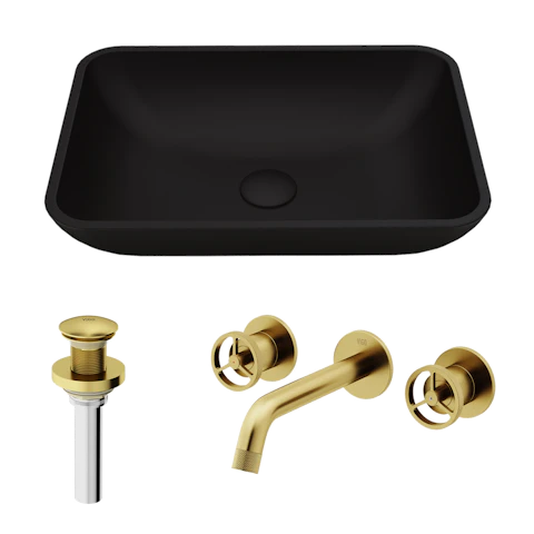 Matte Shell Sottile Glass Rectangular Vessel Bathroom Sink in Black with Wall-Mount Faucet and Drain in Matte Gold - image 1 - other