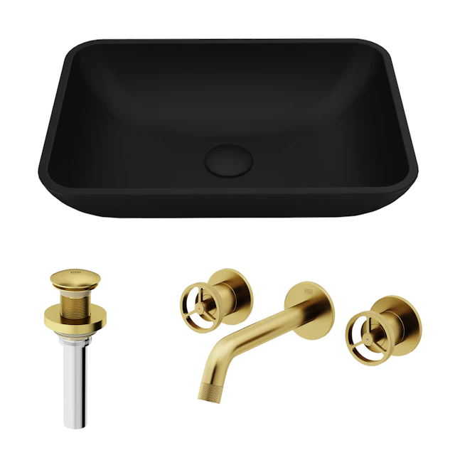 Matte Shell Sottile Glass Rectangular Vessel Bathroom Sink in Black with Wall-Mount Faucet and Drain in Matte Gold - image 1 - other