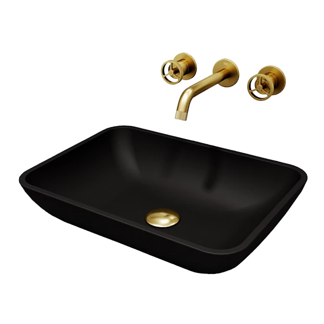Matte Shell Sottile Glass Rectangular Vessel Bathroom Sink in Black with Wall-Mount Faucet and Drain in Matte Gold - image 14 - other
