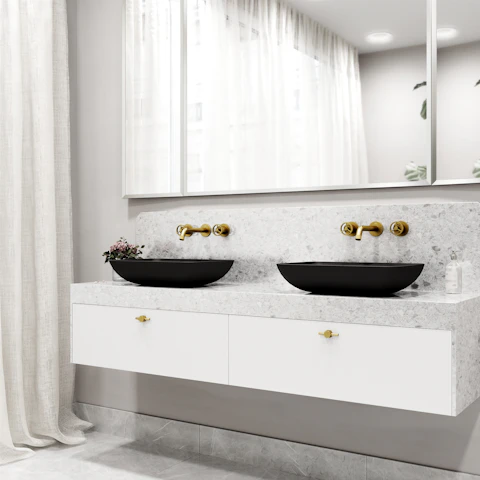 Matte Shell Sottile Glass Rectangular Vessel Bathroom Sink in Black with Wall-Mount Faucet and Drain in Matte Gold - image 2 - other