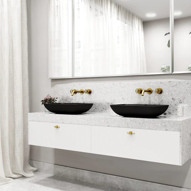 Matte Shell Sottile Glass Rectangular Vessel Bathroom Sink in Black with Wall-Mount Faucet and Drain in Matte Gold - image 2 - other
