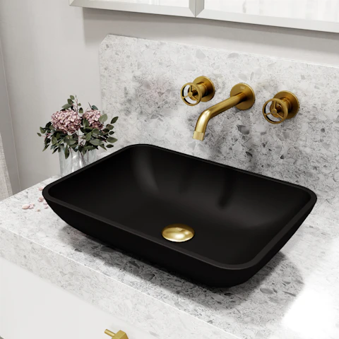 Matte Shell Sottile Glass Rectangular Vessel Bathroom Sink in Black with Wall-Mount Faucet and Drain in Matte Gold - image 3 - other