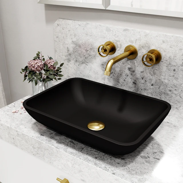 Matte Shell Sottile Glass Rectangular Vessel Bathroom Sink in Black with Wall-Mount Faucet and Drain in Matte Gold - image 3 - other