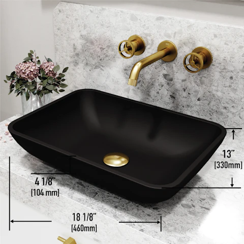 Matte Shell Sottile Glass Rectangular Vessel Bathroom Sink in Black with Wall-Mount Faucet and Drain in Matte Gold - image 4 - other