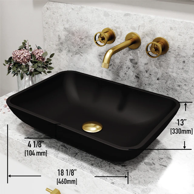 Matte Shell Sottile Glass Rectangular Vessel Bathroom Sink in Black with Wall-Mount Faucet and Drain in Matte Gold - image 4 - other