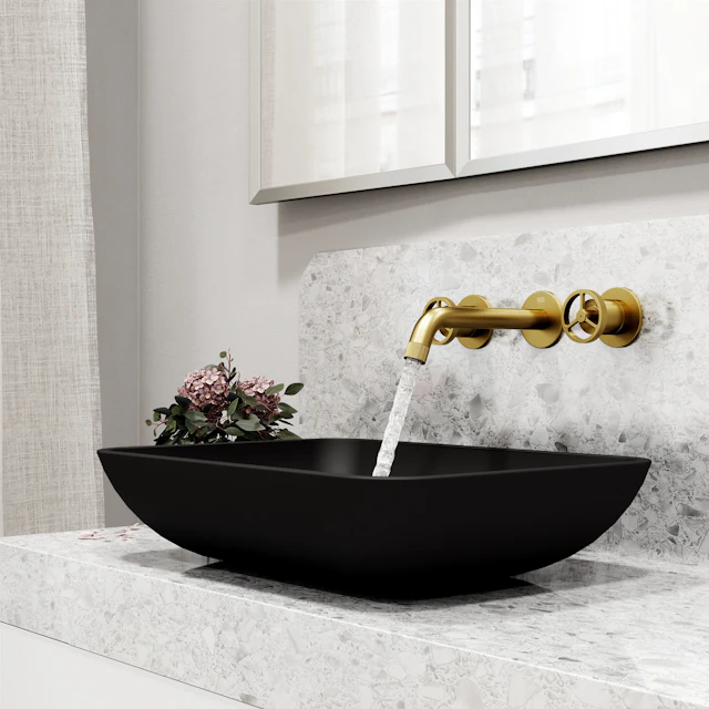 Matte Shell Sottile Glass Rectangular Vessel Bathroom Sink in Black with Wall-Mount Faucet and Drain in Matte Gold - image 7 - other