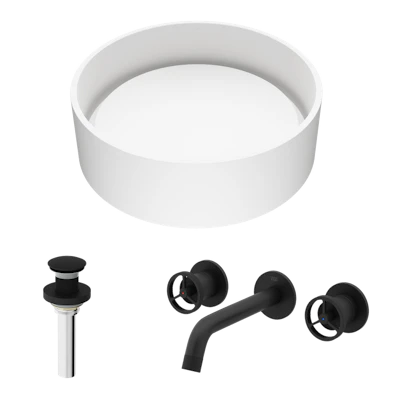 Matte Stone Anvil Composite Round Vessel Bathroom Sink in White with Wall-Mount Faucet and Pop-Up Drain
