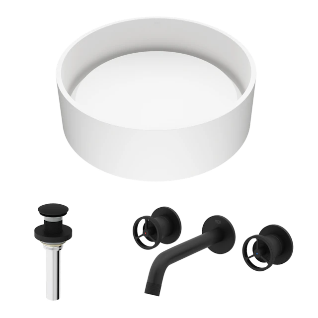 Matte Stone Anvil Composite Round Vessel Bathroom Sink in White with Wall-Mount Faucet and Pop-Up Drain - angle 1 - other