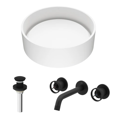 Matte Stone Anvil Composite Round Vessel Bathroom Sink in White with Wall-Mount Faucet and Pop-Up Drain - image 1 - other