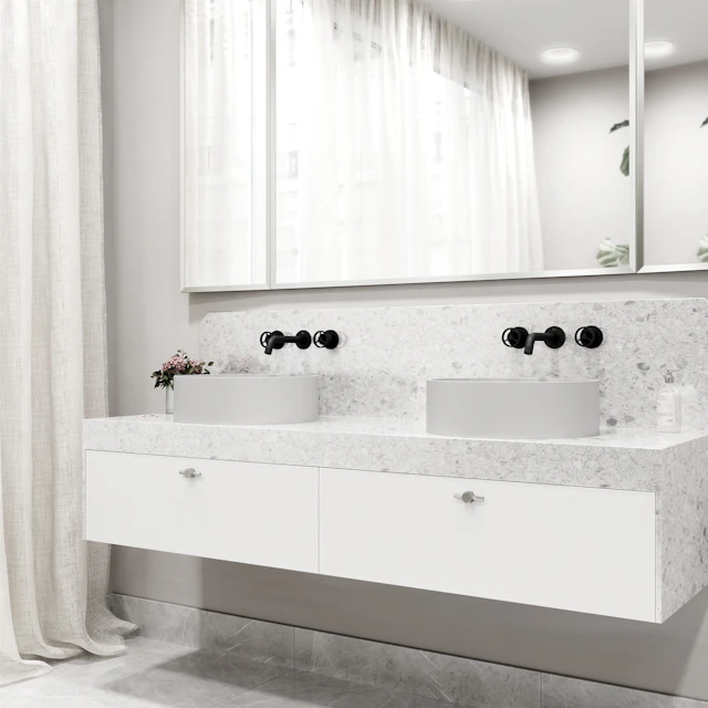 Matte Stone Anvil Composite Round Vessel Bathroom Sink in White with Wall-Mount Faucet and Pop-Up Drain - angle 2 - other