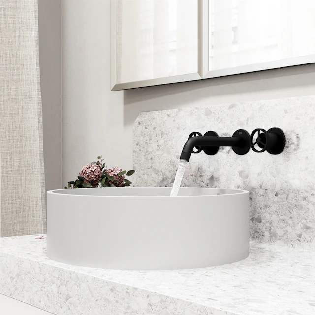 Matte Stone Anvil Composite Round Vessel Bathroom Sink in White with Wall-Mount Faucet and Pop-Up Drain - image 3 - other