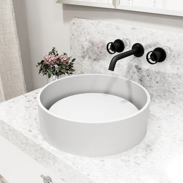 Matte Stone Anvil Composite Round Vessel Bathroom Sink in White with Wall-Mount Faucet and Pop-Up Drain - angle 4 - other