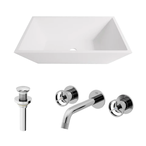 Matte Stone Vinca Composite Rectangular Vessel Bathroom Sink in White with Wall-Mount Faucet and Pop-Up Drain - image 1 - other