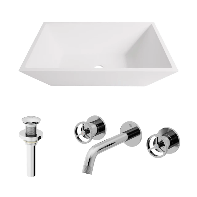 Matte Stone Vinca Composite Rectangular Vessel Bathroom Sink in White with Wall-Mount Faucet and Pop-Up Drain - image 1 - other