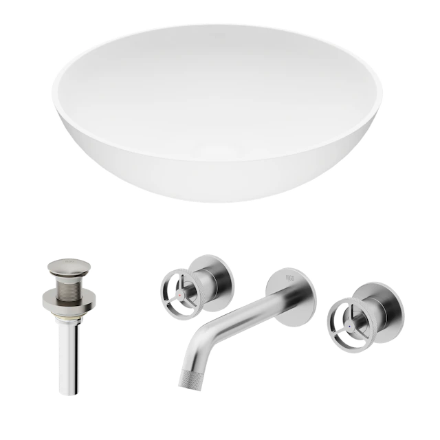 Matte Stone Lotus Composite Round Vessel Bathroom Sink in White with Wall-Mount Faucet and Drain - angle 1 - other
