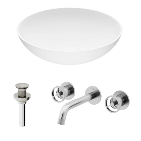 Matte Stone Lotus Composite Round Vessel Bathroom Sink in White with Wall-Mount Faucet and Drain - image 1 - other