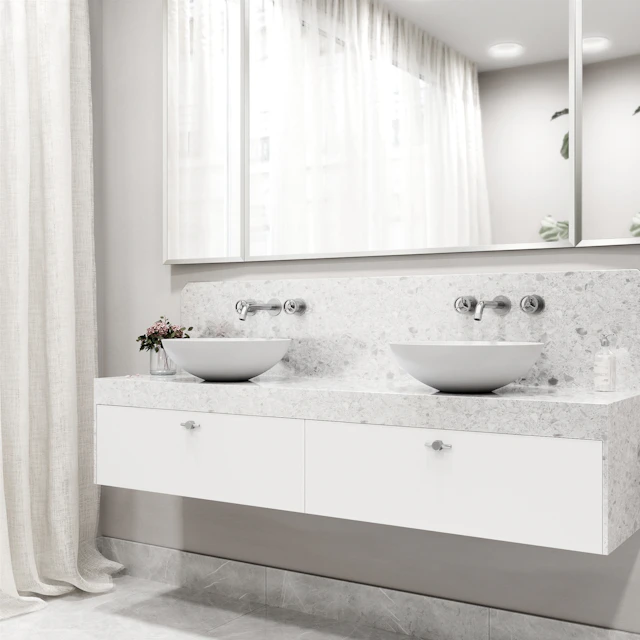 Matte Stone Lotus Composite Round Vessel Bathroom Sink in White with Wall-Mount Faucet and Drain - angle 2 - other