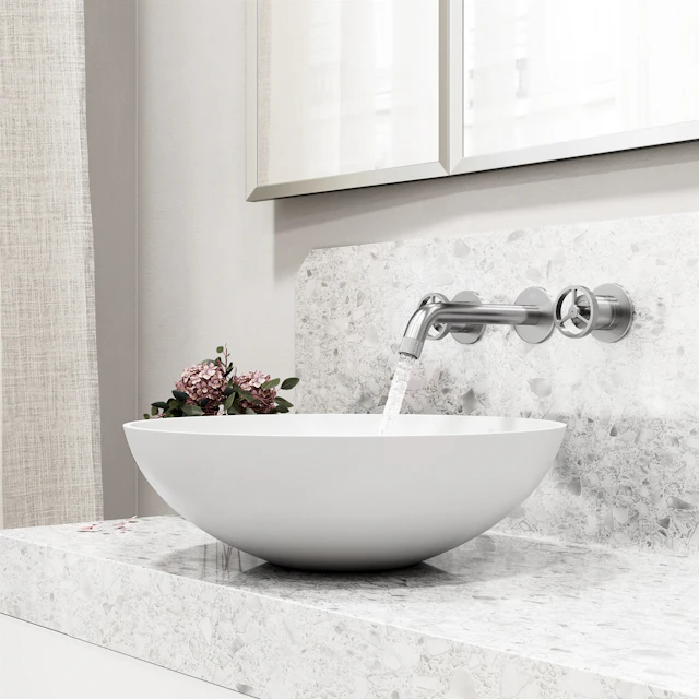 Matte Stone Lotus Composite Round Vessel Bathroom Sink in White with Wall-Mount Faucet and Drain - angle 3 - other