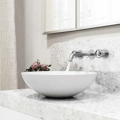 Matte Stone Lotus Composite Round Vessel Bathroom Sink in White with Wall-Mount Faucet and Drain - image 3 - other