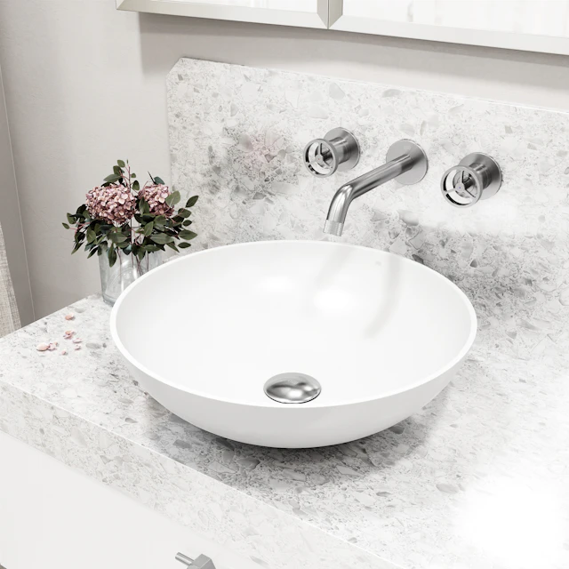 Matte Stone Lotus Composite Round Vessel Bathroom Sink in White with Wall-Mount Faucet and Drain - angle 4 - other