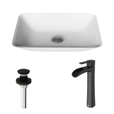 Matte Shell Sottlie Glass Rectangular Vessel Bathroom Sink in White with Niko Faucet and Pop-up Drain