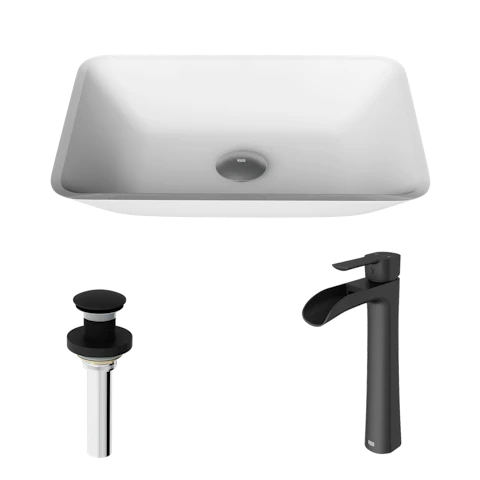 Matte Shell Sottlie Glass Rectangular Vessel Bathroom Sink in White with Niko Faucet and Pop-up Drain - image 1 - other