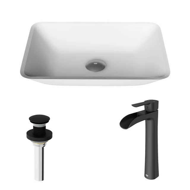 Matte Shell Sottlie Glass Rectangular Vessel Bathroom Sink in White with Niko Faucet and Pop-up Drain - image 1 - other