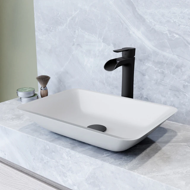 Matte Shell Sottlie Glass Rectangular Vessel Bathroom Sink in White with Niko Faucet and Pop-up Drain - image 3 - other