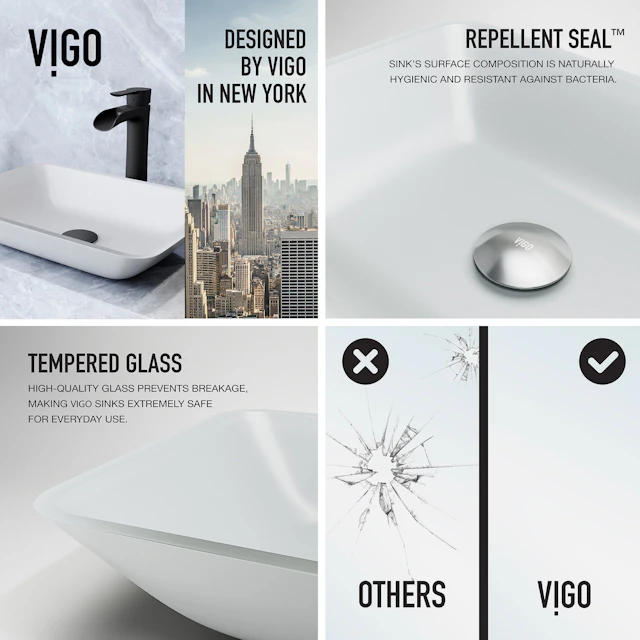 Matte Shell Sottlie Glass Rectangular Vessel Bathroom Sink in White with Niko Faucet and Pop-up Drain - image 4 - other
