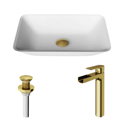 Matte Shell Sottlie Glass Rectangular Vessel Bathroom Sink in White with Amada Faucet and Pop-up Drain in Matte Gold - image 1 - other