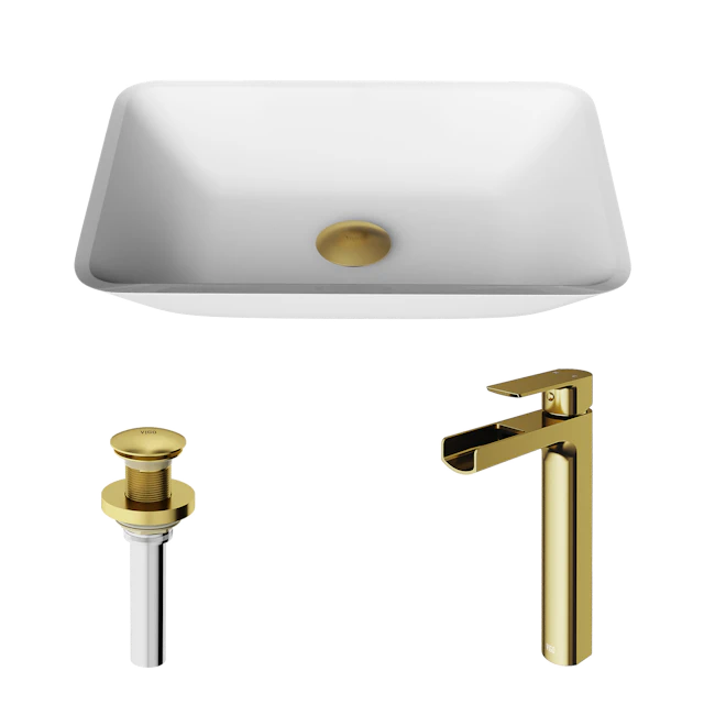 Matte Shell Sottlie Glass Rectangular Vessel Bathroom Sink in White with Amada Faucet and Pop-up Drain in Matte Gold - image 1 - other