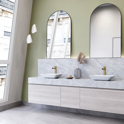 Matte Shell Sottlie Glass Rectangular Vessel Bathroom Sink in White with Amada Faucet and Pop-up Drain in Matte Gold - image 2 - other